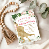 Stomp, Chomp, Road Dinosaur Gold Pink Birthday 招待状