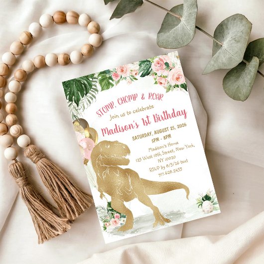 Stomp, Chomp, Road Dinosaur Gold Pink Birthday 招待状
