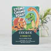 Stomp Chomp Roar | かわいい恐竜の5歳の誕生日 招待状 (スタンド正面)