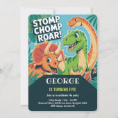 Stomp Chomp Roar | かわいい恐竜の5歳の誕生日 招待状 (正面)