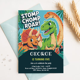Stomp Chomp Roar | かわいい恐竜の5歳の誕生日 招待状