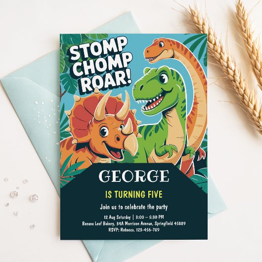 Stomp Chomp Roar | かわいい恐竜の5歳の誕生日 招待状