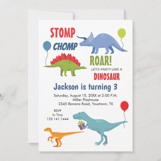 Stomp chomp roar Dinosaur Birthday Invitation 招待状 (正面)