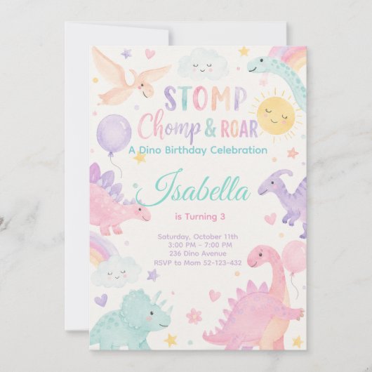 Stomp Chomp & Roar Dinosaur Invitation Editable 招待状 (正面)
