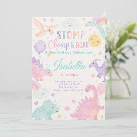 Stomp Chomp & Roar Dinosaur Invitation Editable 招待状 (スタンド正面)