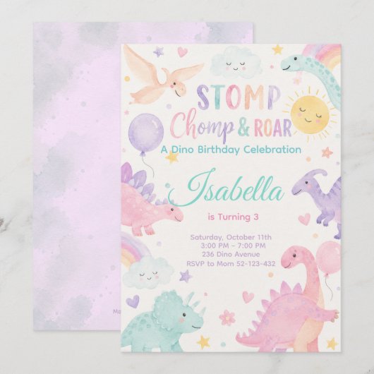 Stomp Chomp & Roar Dinosaur Invitation Editable 招待状 (正面/裏面)