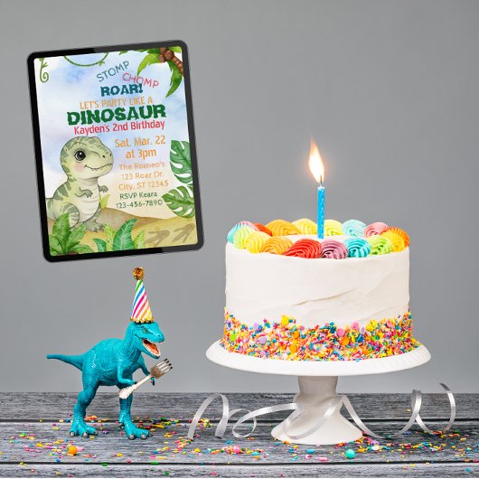 Stomp, Chomp, Roar, Dinosaur Watercolor Birthday 招待状