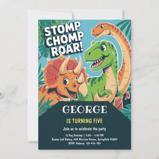 Stomp Chomp Roar Fun Dinosaur 5th Birthday Party 招待状 (正面)
