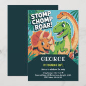 Stomp Chomp Roar Fun Dinosaur 5th Birthday Party 招待状 (正面/裏面)