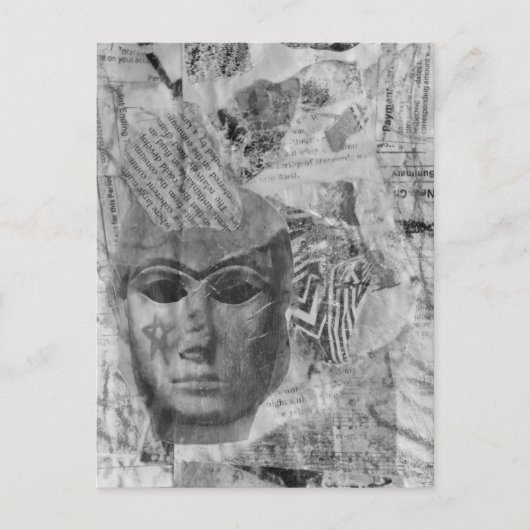 Stone face Abstract Mix Media Collage Black White ポストカード (正面)