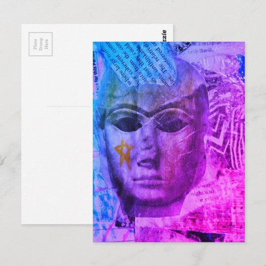 Stone face Abstract Mix Media Collage Blue Purple ポストカード (正面/裏面)