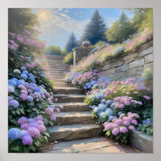 Stone Garden Stairway with Hydrangeas Romantic ポスター (正面)