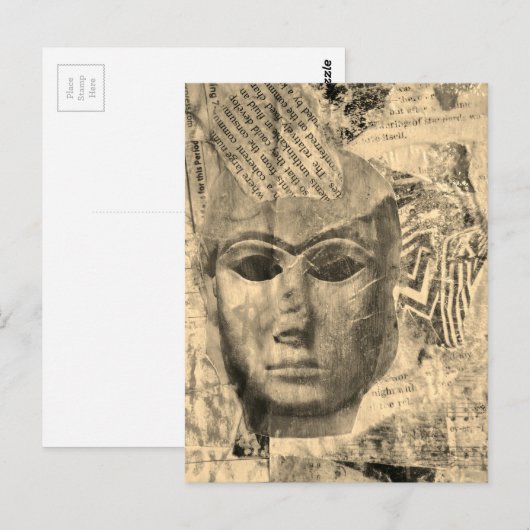 Stone lady face Abstract Mixed Media Collage Sepia ポストカード (正面/裏面)
