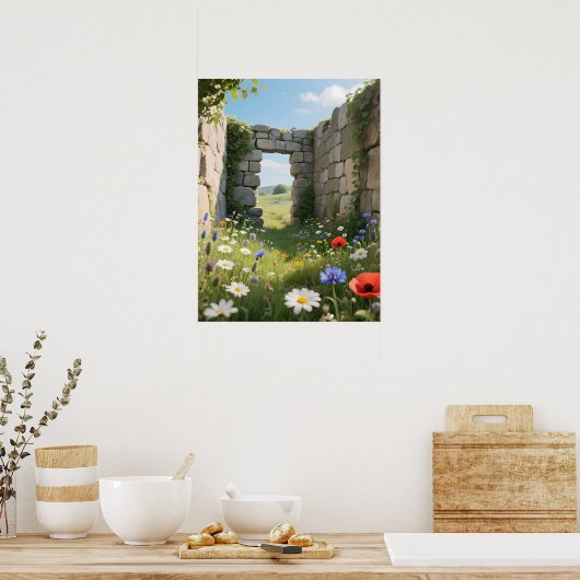 Stone Wall Ruin Meadow Flowers Art ポスター (キッチン)