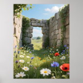Stone Wall Ruin Meadow Flowers Art ポスター (正面)