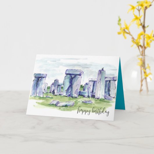 Stonehenge Happy Birthday Rocks Blackbird カード (黄色い花)