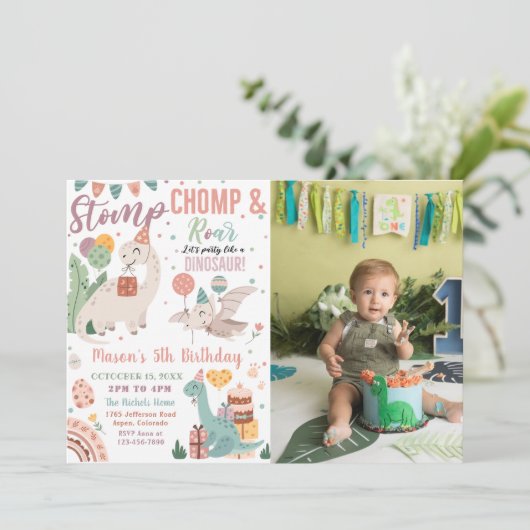 Stop, Chomp & Roar恐竜の誕生日写真 招待状 (スタンド正面)