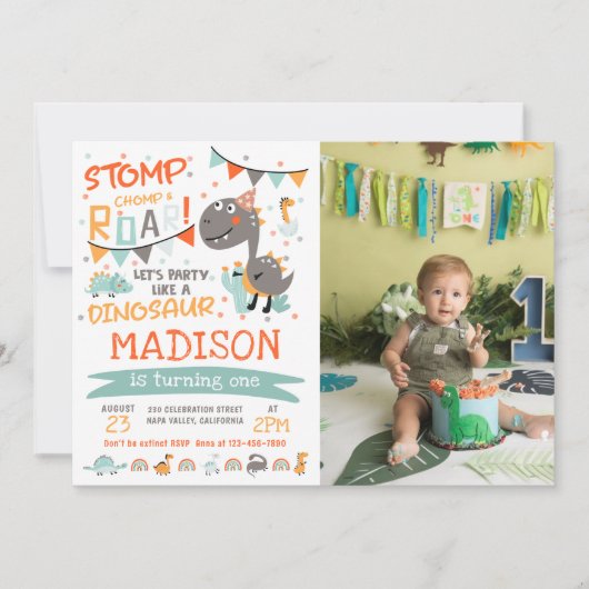 Stop, Chomp & Roar恐竜の誕生日写真 招待状 (正面)
