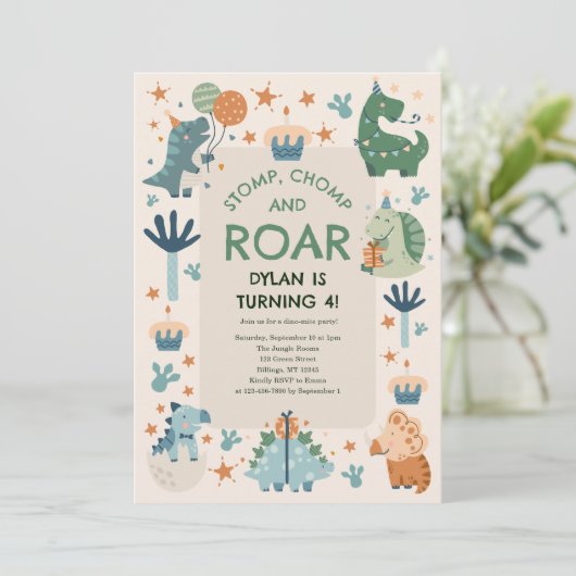 Stop、Chomp、Roar Dinosaur Kidの誕生日 招待状 (スタンド正面)
