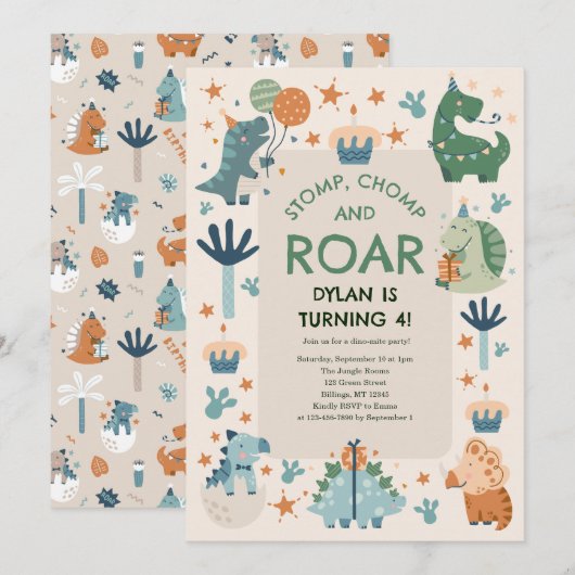 Stop、Chomp、Roar Dinosaur Kidの誕生日 招待状 (正面/裏面)