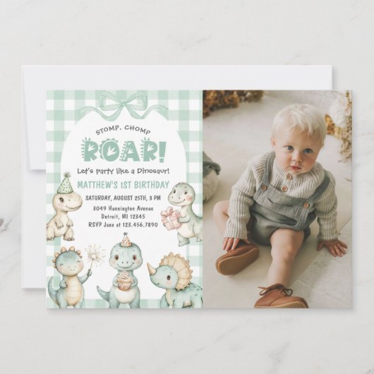 Stop Chomp Roar Disouras 1st Birthday写真 招待状 (正面)