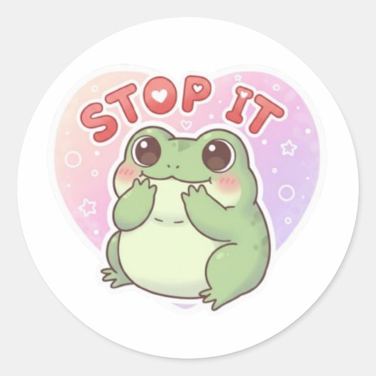 Stop It Frog Sticker Cute Shy Blushing Frog Romant ラウンドシール (正面)