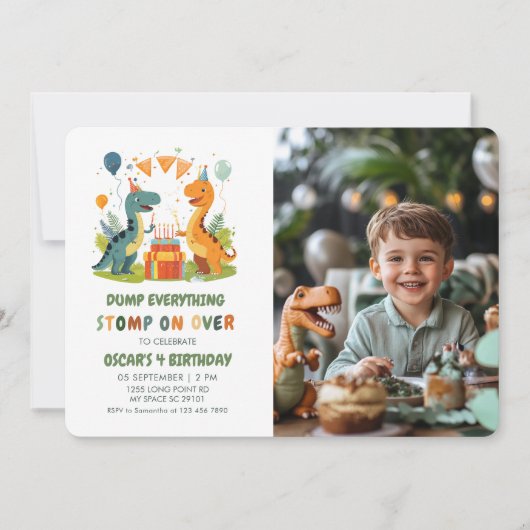 「Stop On Over Dinosaus誕生日写真 招待状 (正面)