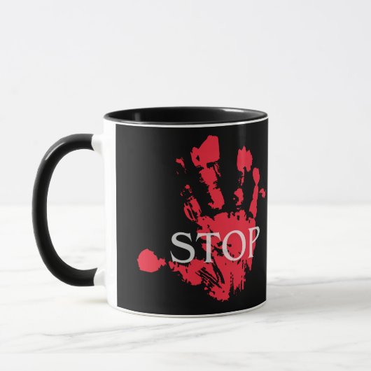 STOP" Red Handprint Mug - Bold Protest Mug, Activi マグカップ (左)