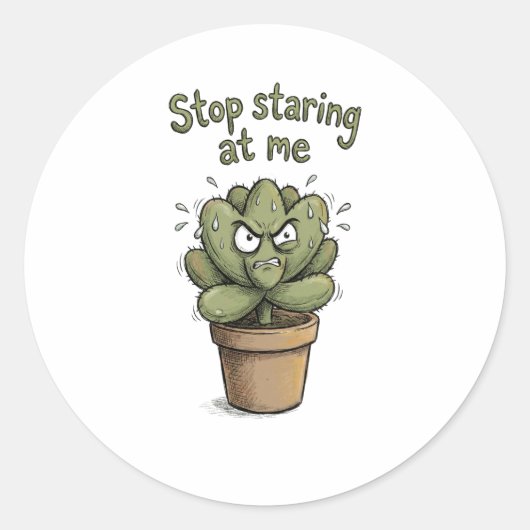 Stop Staring at Me – Funny Succulent Sticker ラウンドシール (正面)