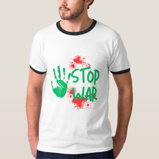 Stop War – 太い手形を使った反戦グラフィックデザイン Tシャツ (正面)