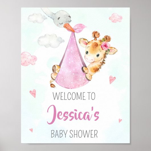 StorkウェルカムパーティーサインGirl giraffeパーティーポスター ポスター (正面)