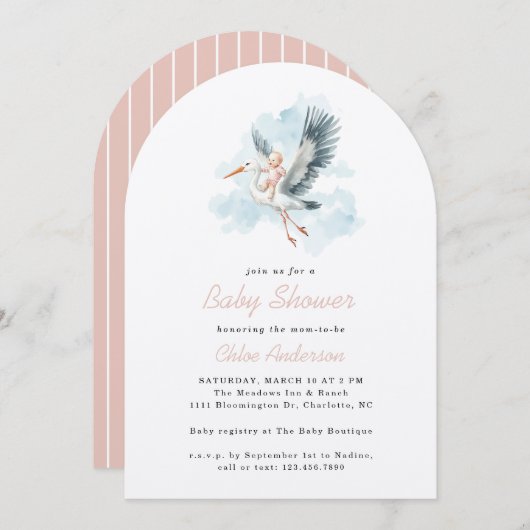 Storkピンク赤ちゃん女の子の水色ベビシャワーアーチ 招待状 (正面/裏面)