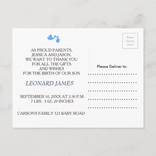 Stork男の赤ちゃん写真の発表 案内ポストカード (裏面)