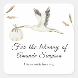 Stork – ベビーシャワー蔵書票、ベビー用の本 スクエアシール