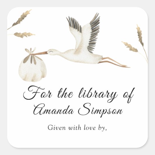 Stork – ベビーシャワー蔵書票、ベビー用の本 スクエアシール (正面)