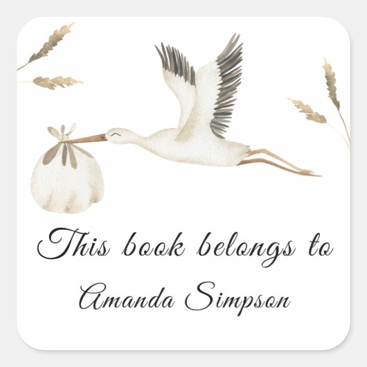 Stork – ベビーシャワー蔵書票、ベビー用の本 スクエアシール (正面)