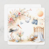 Stork and Baby Clothes Soft Pastel Baby Background 招待状 (正面/裏面)