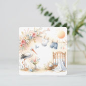 Stork and Baby Clothes Soft Pastel Baby Background 招待状 (スタンド正面)