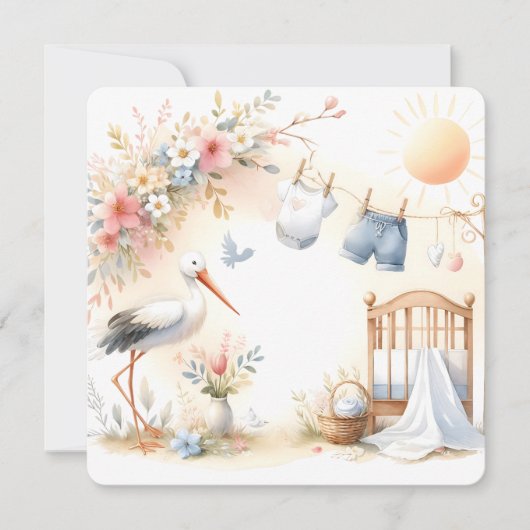Stork and Baby Clothes Soft Pastel Baby Background 招待状 (正面)