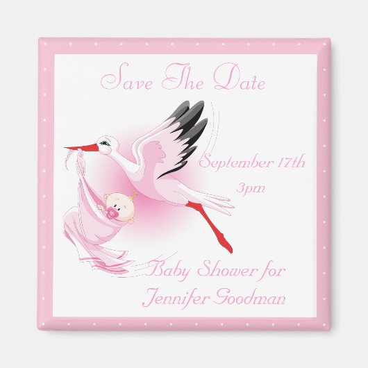 Stork & Baby Girl Pink Save the Date Baby Shower マグネット (正面)