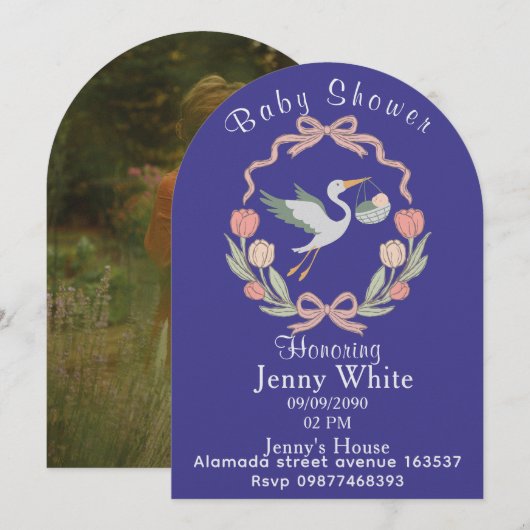 Stork Baby Shower Invitation Floral 招待状 (正面/裏面)