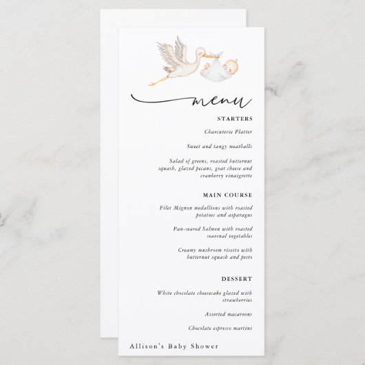 Stork Baby Shower Menu メニュー (正面/裏面)