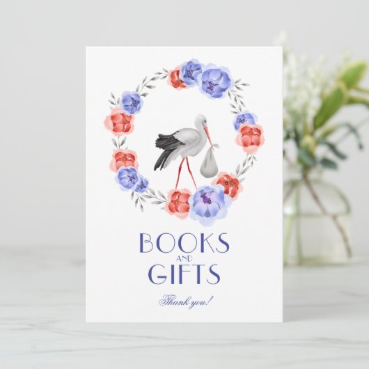 Stork Blue Redフローラ赤ちゃんシャワーテーブルサインInvite 招待状 (スタンド正面)