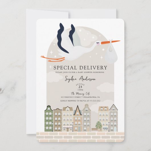 Stork Boho Baby Shower Special Delivery Sprinkle 招待状 (正面)