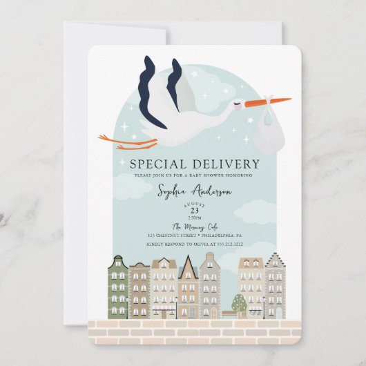 Stork Boho Baby Shower Special Delivery Sprinkle 招待状 (正面)