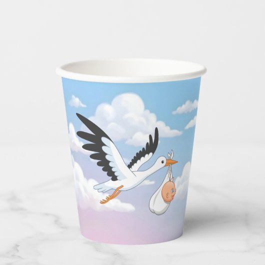 Stork Carrying a Baby Cloudy Sky 紙コップ (正面)