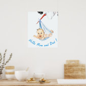 Stork Carrying Baby Poster Painting Fun Your Text ポスター (キッチン)