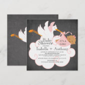 Stork Chalkboardアフリカ系アメリカ人ガールベビーシャワー 招待状 (正面/裏面)