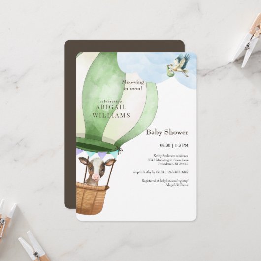 Stork & Cowモー – 近日茶色の赤ちゃんシャワー 招待状 (正面/裏面インサイチュ)