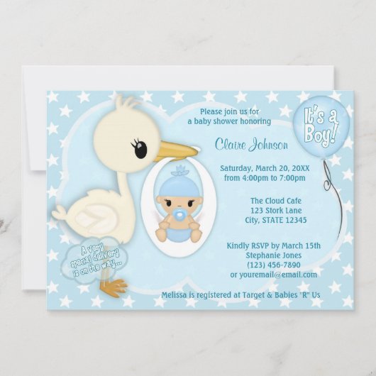 『Stork Delivery Baby Shawer Invitation』BOY BLUE 2A 招待状 (正面)